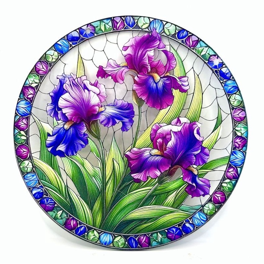 8" Trio of Multi-Tonal Purple Iris Floral Acrylic Sun Catcher Window Hanging New